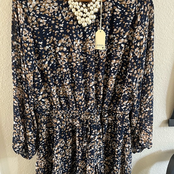 NWT Jodifl dress 1x plus size navy print lined long sheer sleeved elastic waist - Picture 3 of 6